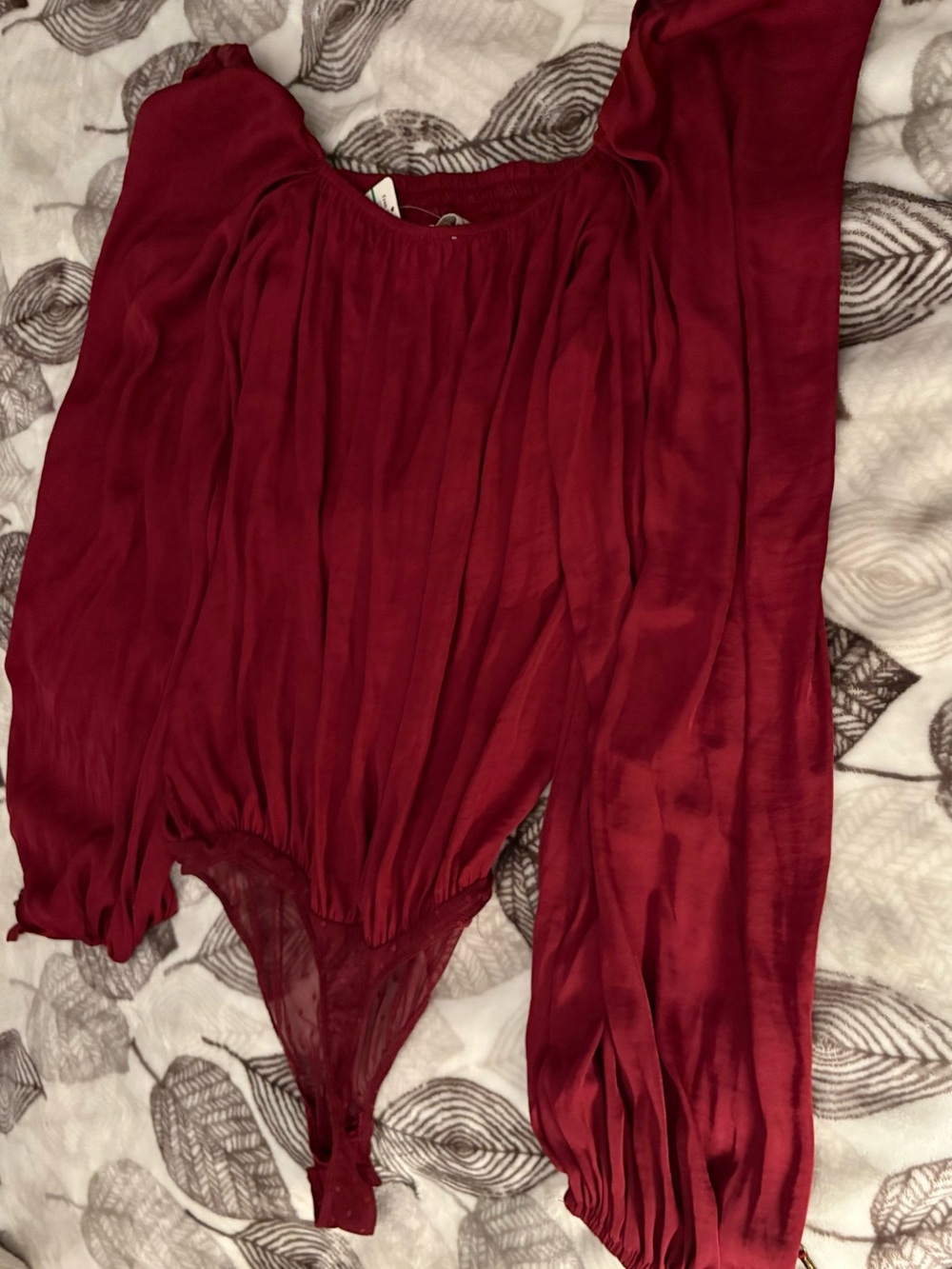 Satin-Effect Burgundy Red Long-Sleeve Bandeau Bodysuit by Free People
